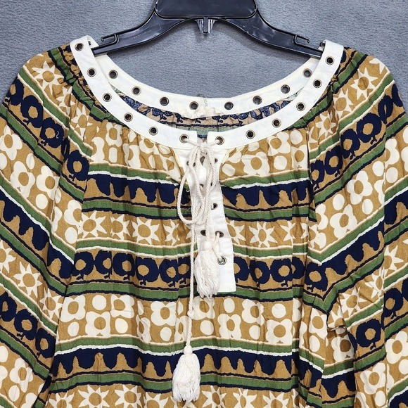 Entro Boho Peasant Top‎ Blouse Small Tan Cream Blue Long Sleeve Peplum Trim - Picture 3 of 9